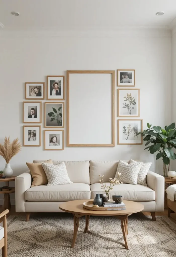 Living room gallery wall with warm wooden frames and personal artwork