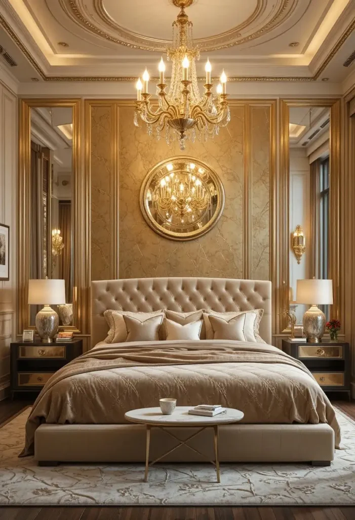 Glamorous bedroom with metallic wallpaper and luxurious gold accents.
