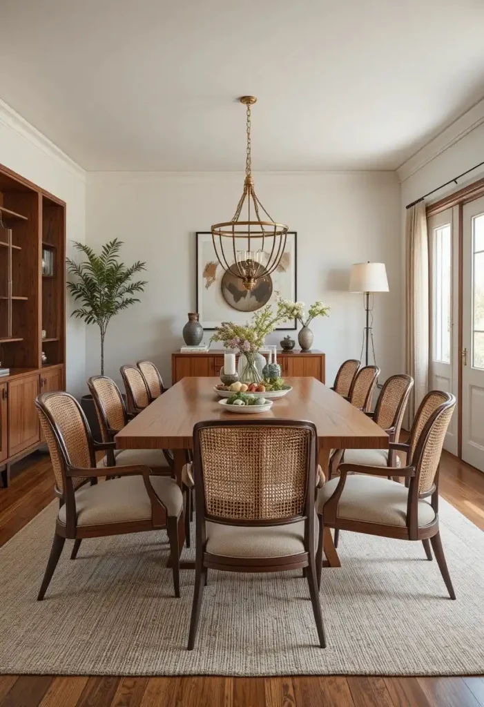 Dining room with cane accent chairs adding texture to a mid century design.