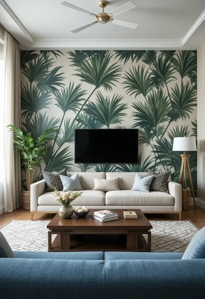 Full apartment living room with wallpaper feature wall