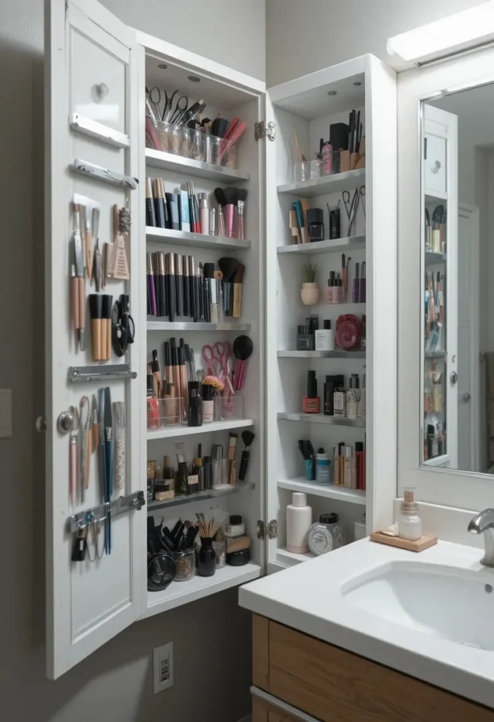 Bathroom cabinet door magnetic storage for organizing small tools