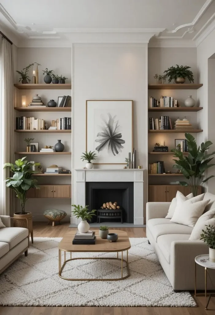 Full apartment living room with professionally styled shelves
