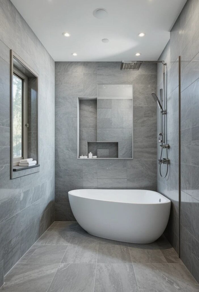 Small wet room bathroom combining a soaking tub and walk-in shower in one open space.