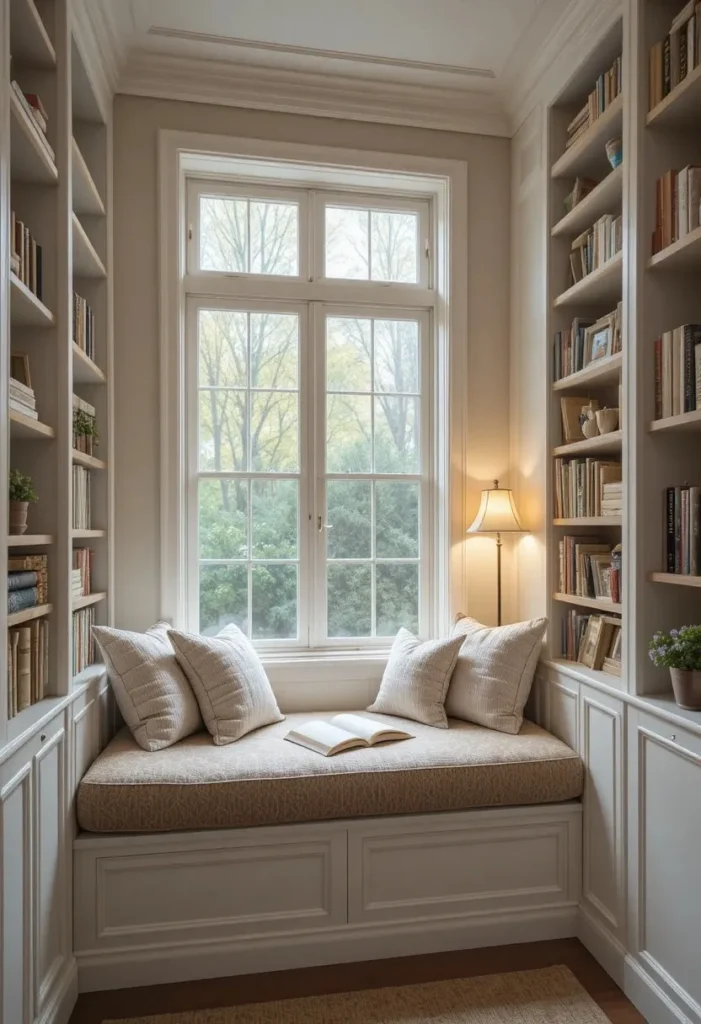 Built-in shelves surrounding a cozy window reading nook in a living room.