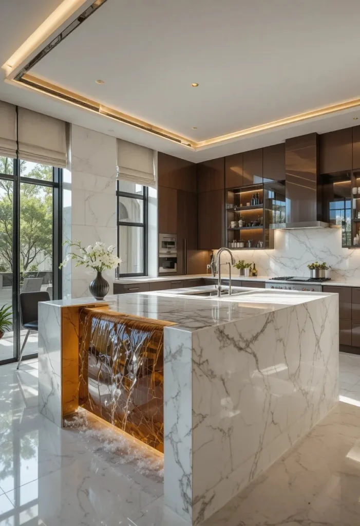 Contemporary kitchen showcasing a waterfall island with amber glass panels that reflect and diffuse light beautifully.