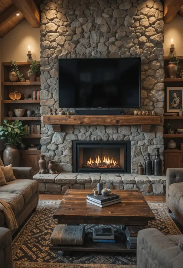 Natural stone accent wall behind TV with rustic wooden mantel