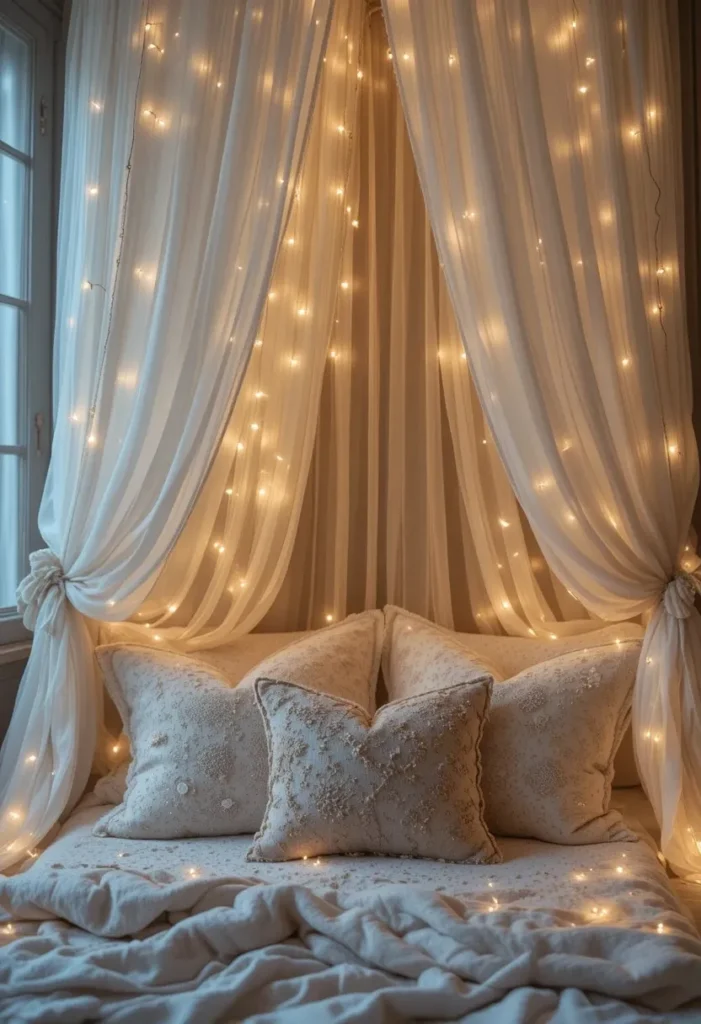 Dreamy canopy reading nook with sheer curtains and fairy lights.