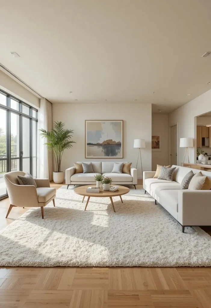 Full small apartment living room with oversized ivory rug defining space