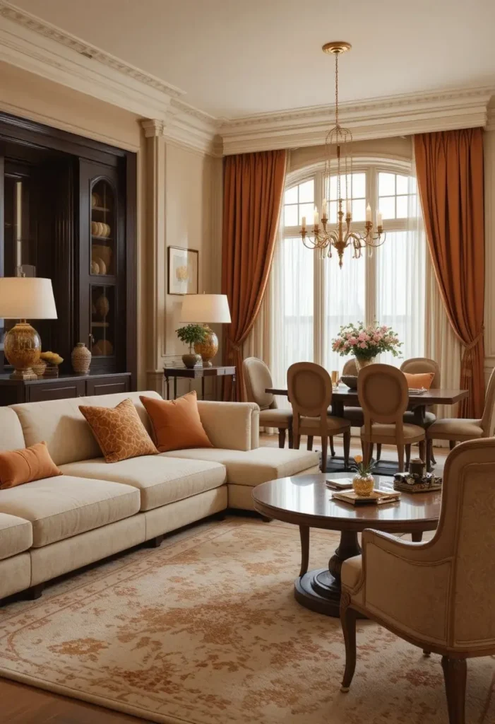 Open-plan combo room with matching color palette across both zones