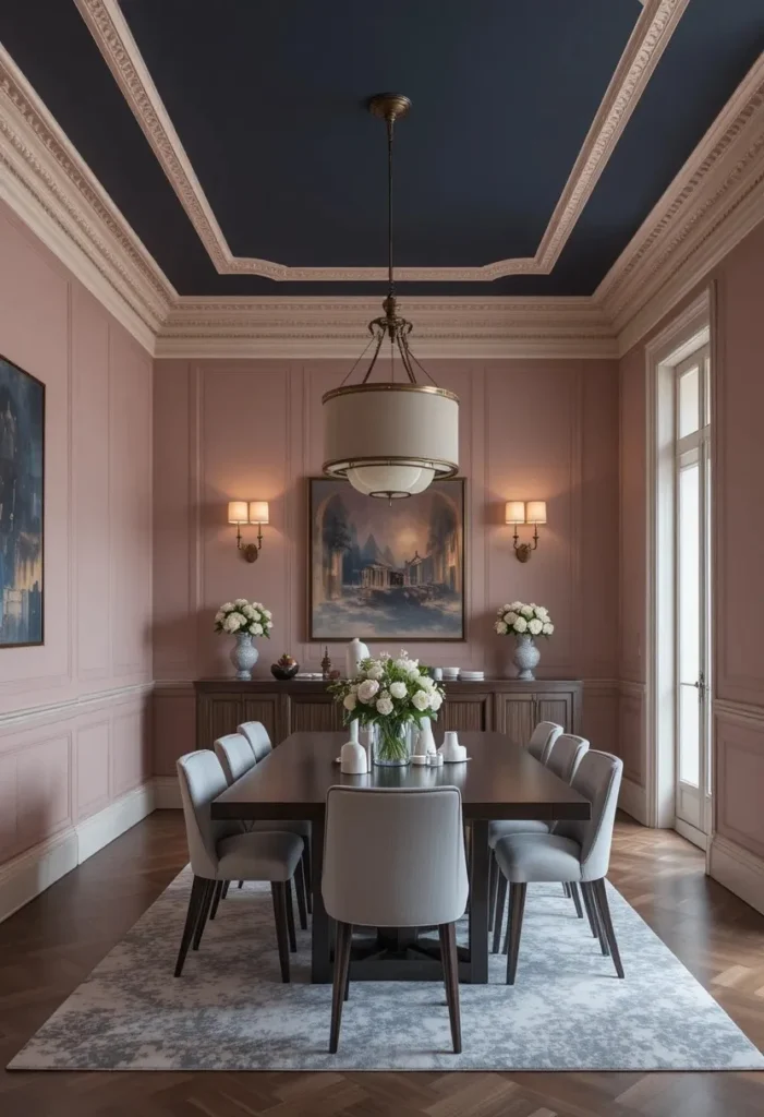 Dining room with dramatic painted ceiling and soft colorful walls
