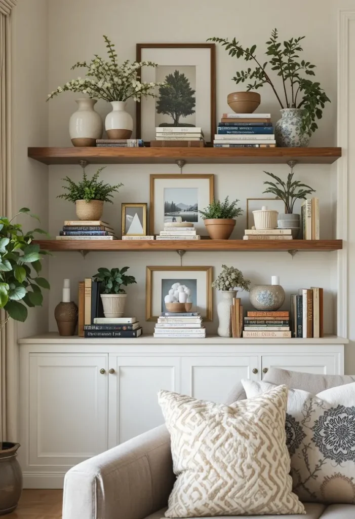 Built-in shelves styled with books, plants, and decorative objects.