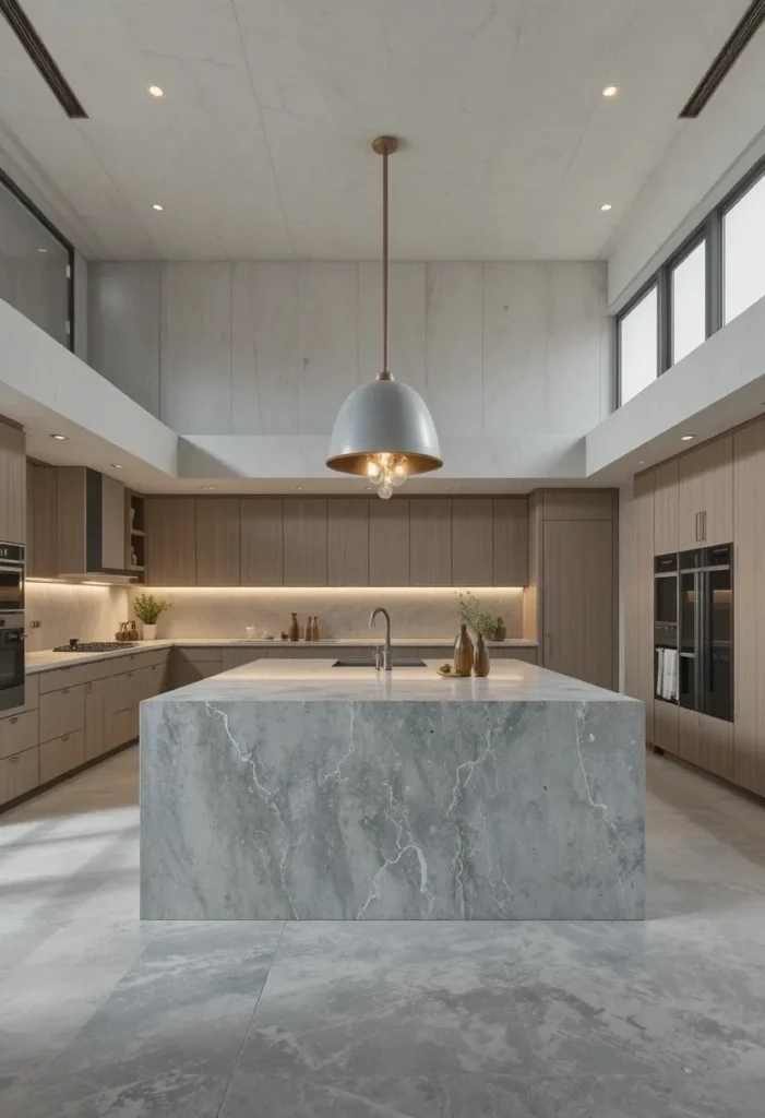 Minimalist kitchen featuring a sleek concrete waterfall island and clean architectural lines.