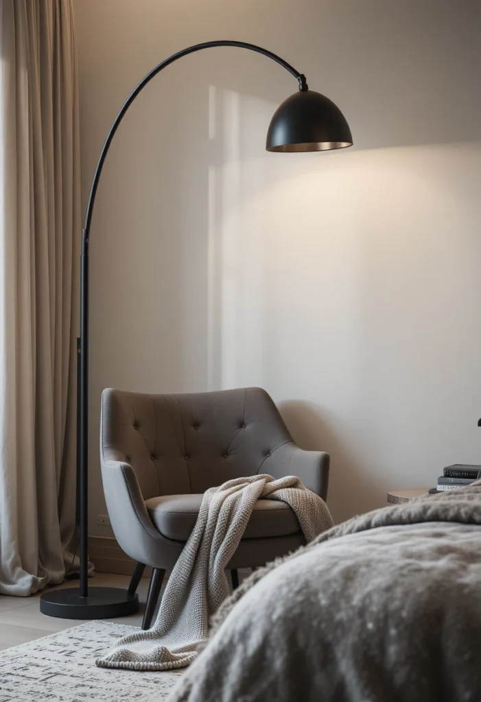 Modern arc floor lamp beside reading chair in stylish bedroom.