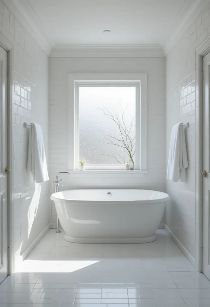Small all-white bathroom with a drop-in tub and clean minimalist styling.