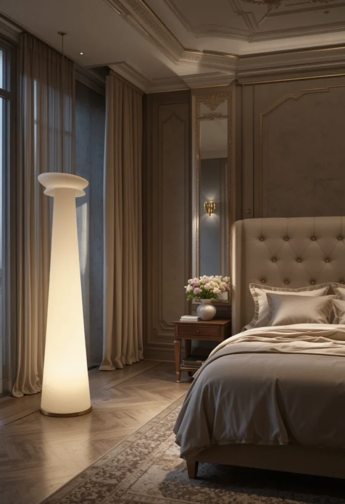 Oversized statement floor lamp in spacious luxury bedroom.
