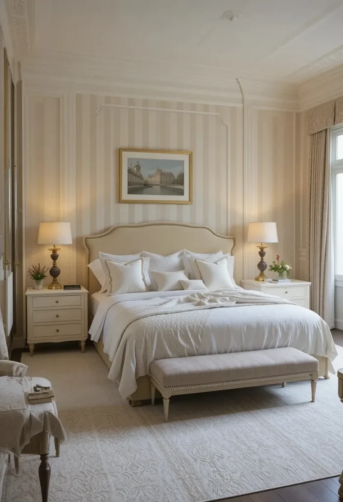 Classic bedroom featuring elegant striped wallpaper and neutral decor.