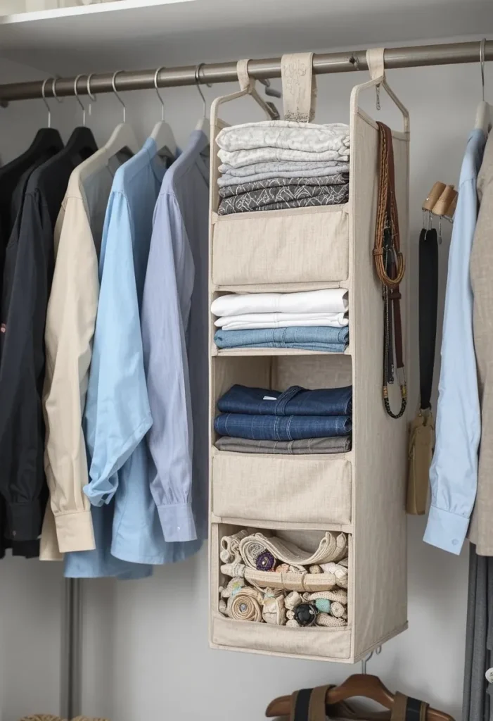 Wardrobe featuring hanging fabric shelves for extra clothing storage.