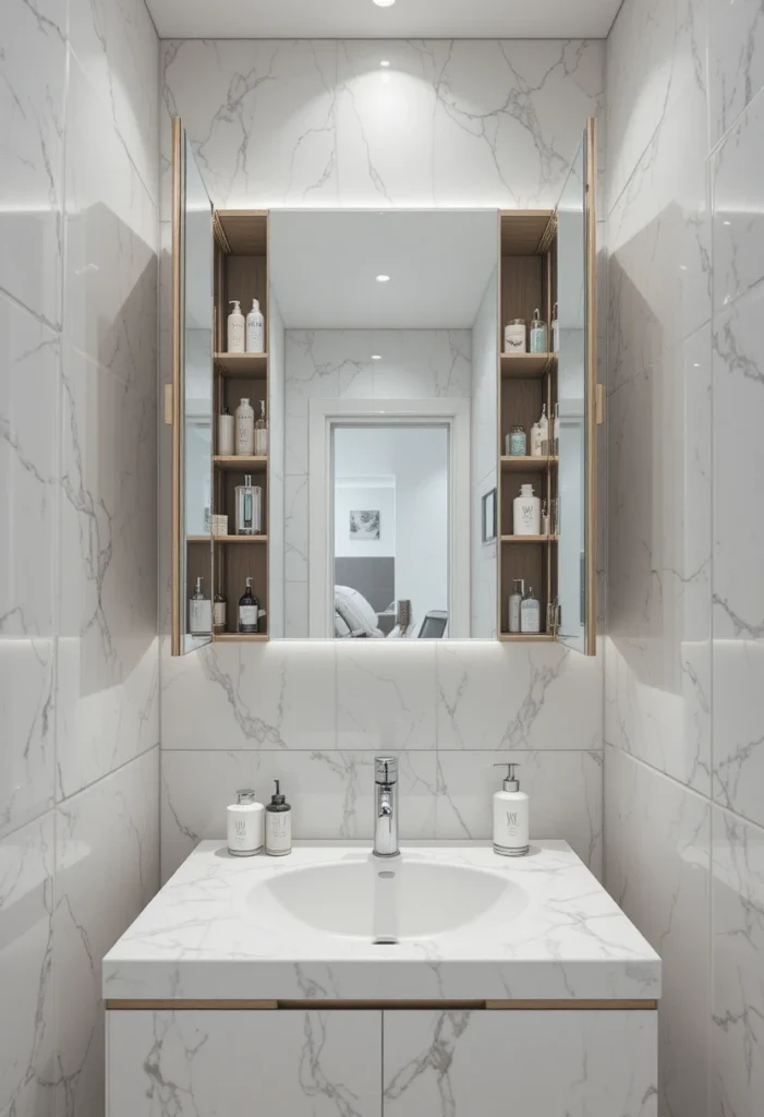 Small bathroom mirrored cabinet combining reflection and hidden storage
