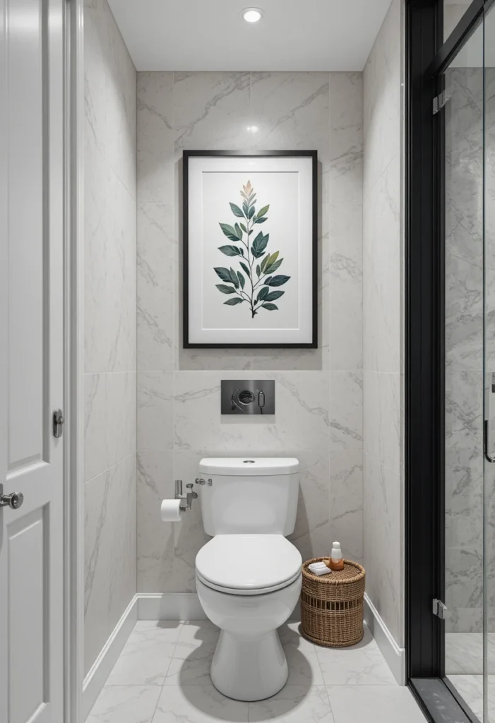 Framed botanical artwork decorating a modern bathroom wall