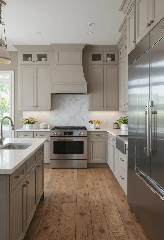 Greige kitchen cabinets with marble countertops and warm wood flooring