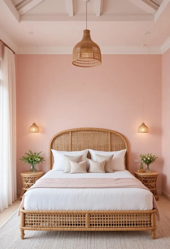 Pink bedroom styled with natural rattan furniture.