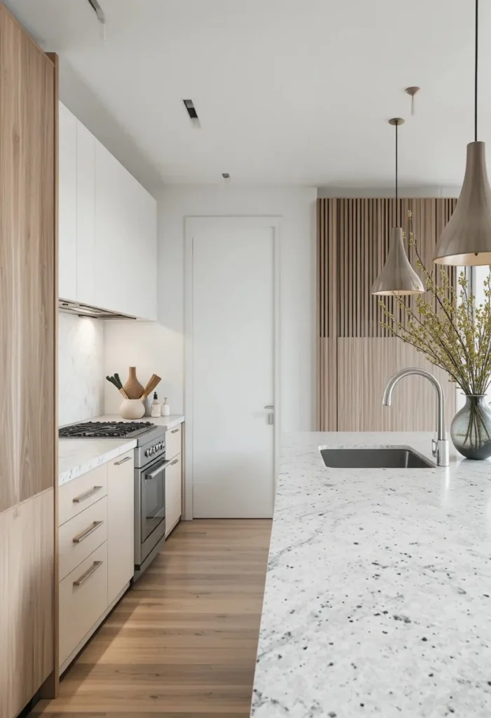 Minimalist kitchen with white concrete countertops and black flecks.
