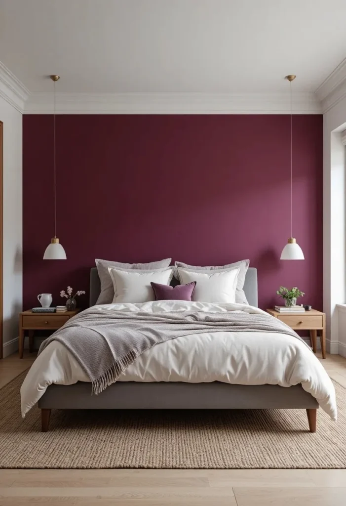 Deep magenta accent wall behind bed in bold modern bedroom.