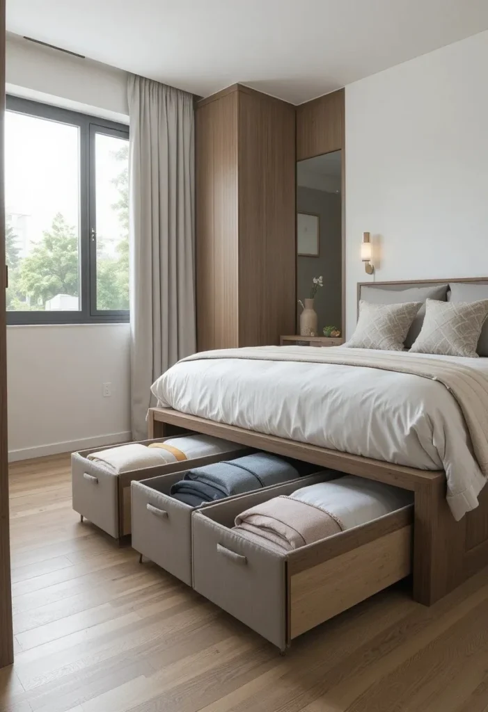 Small bedroom using under-bed storage drawers for clothing organization.