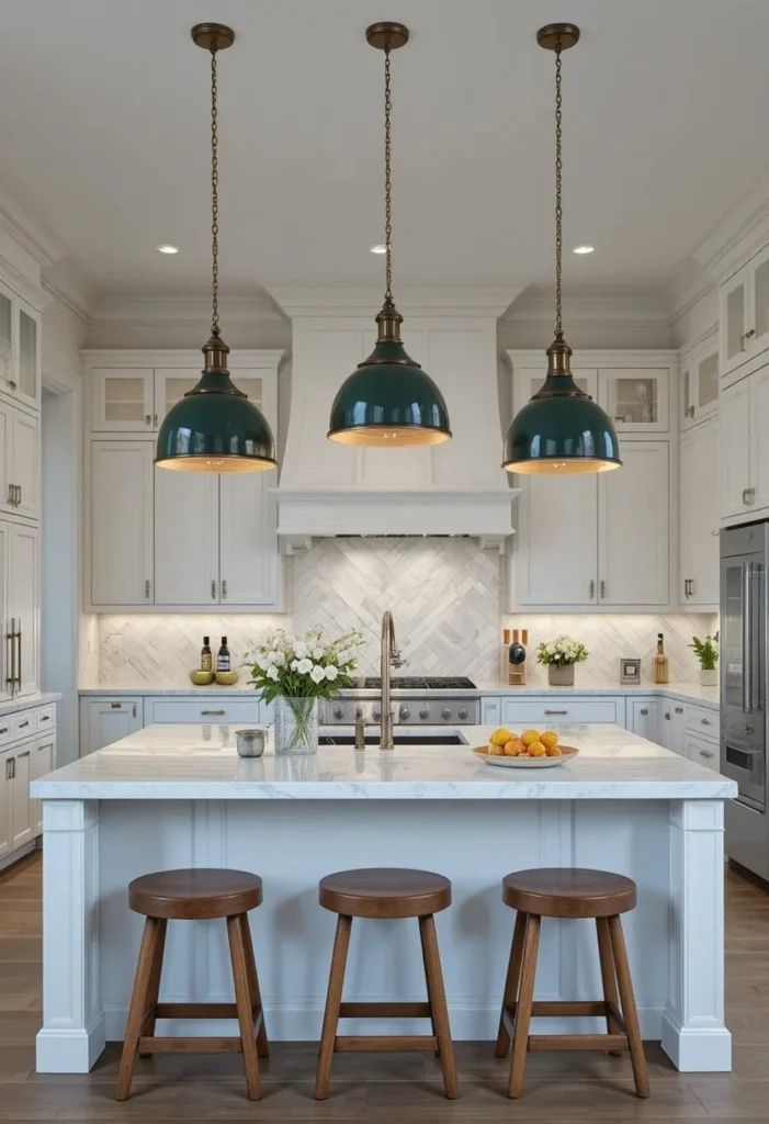 Full kitchen with green pendant lights above island
