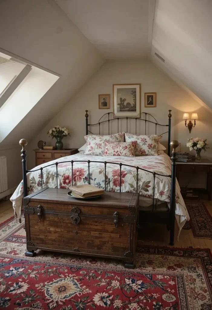 Vintage attic bedroom with antique furniture and soft nostalgic decor