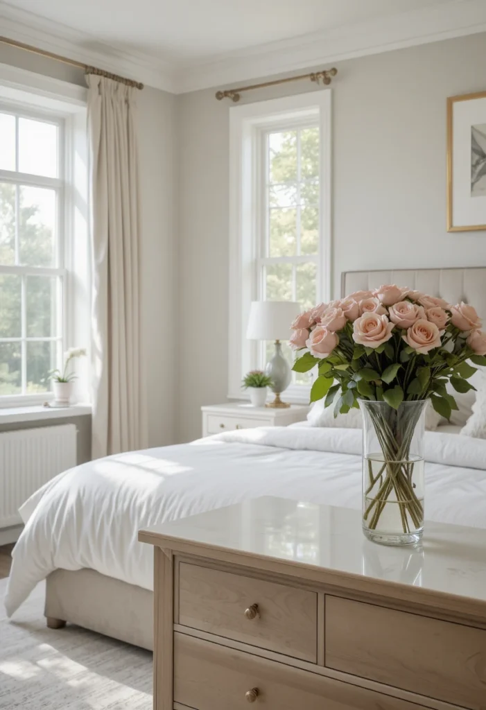 Full guest room styled with fresh flowers and greenery