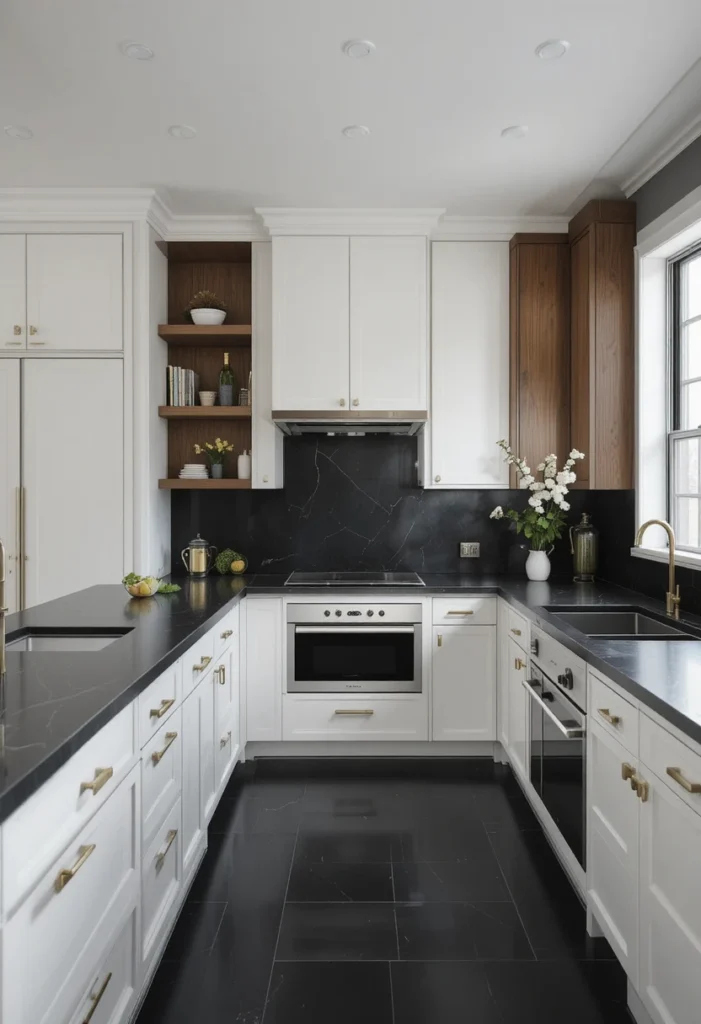 Modern kitchen featuring matte black countertops and white cabinetry.