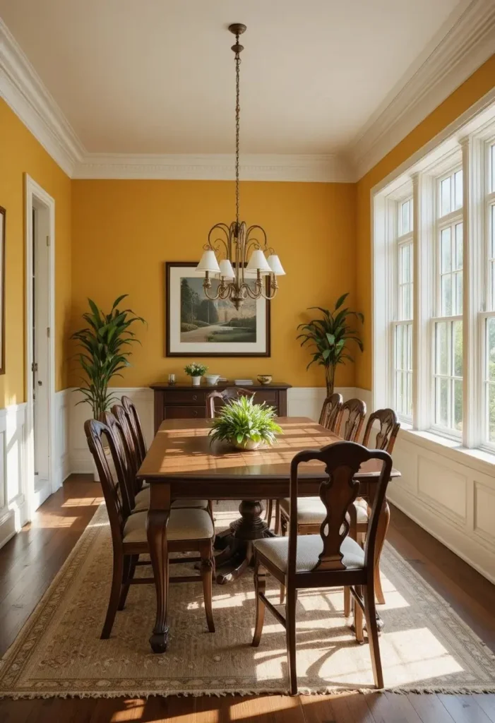 Sunny yellow dining room walls with dark wood dining table and greenery