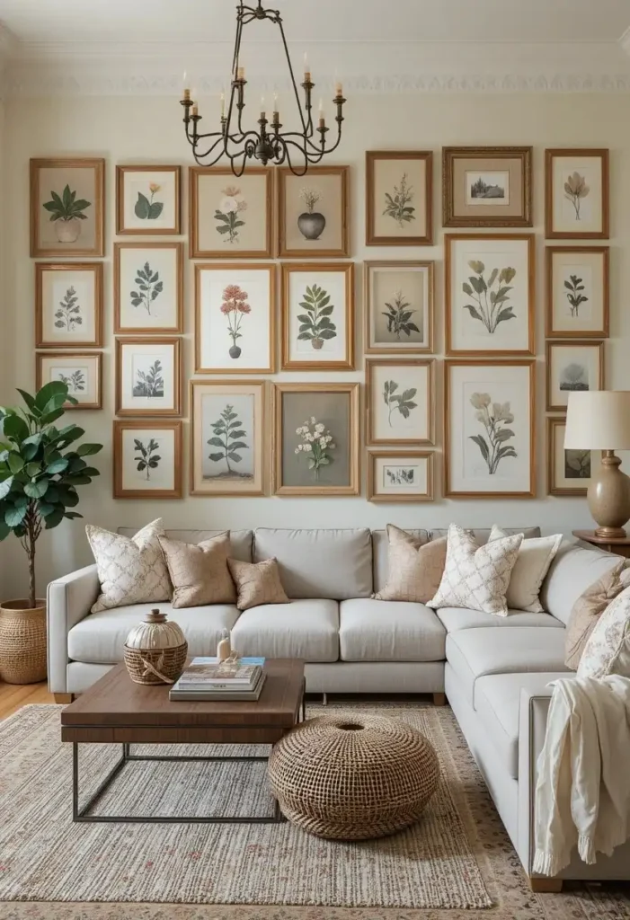 Living room gallery wall with warm wooden frames and personal artwork