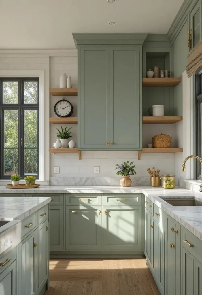 Full modern kitchen with sage green cabinets and brass hardware