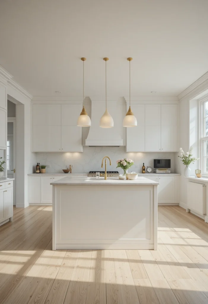 Minimalist kitchen with frosted glass pendant lights creating soft, even lighting.