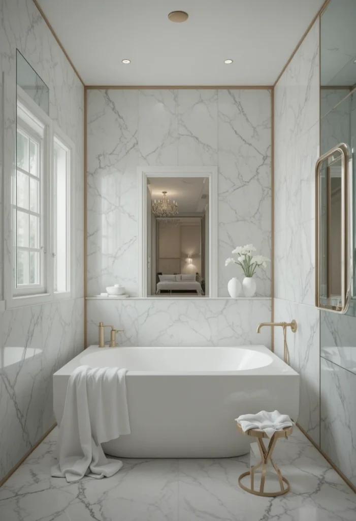 Small bathroom with a large mirror that visually doubles the space around the tub.
