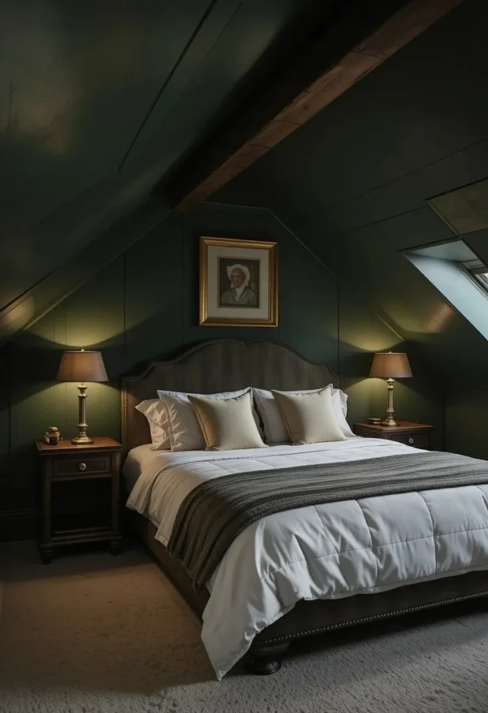 Dark moody attic bedroom with deep green walls and brass lighting