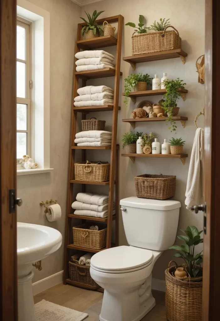 Small bathroom with ladder shelf for vertical towel storage