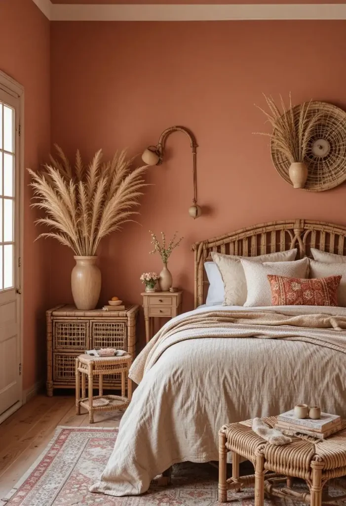 Terracotta pink bedroom with rattan furniture and earthy decor.