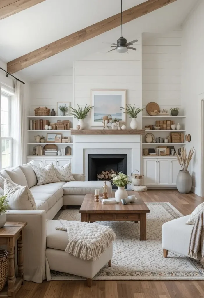 White shiplap accent wall in a cozy farmhouse living room.