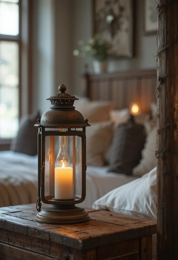 Rustic lantern bedside lamps in farmhouse bedroom.