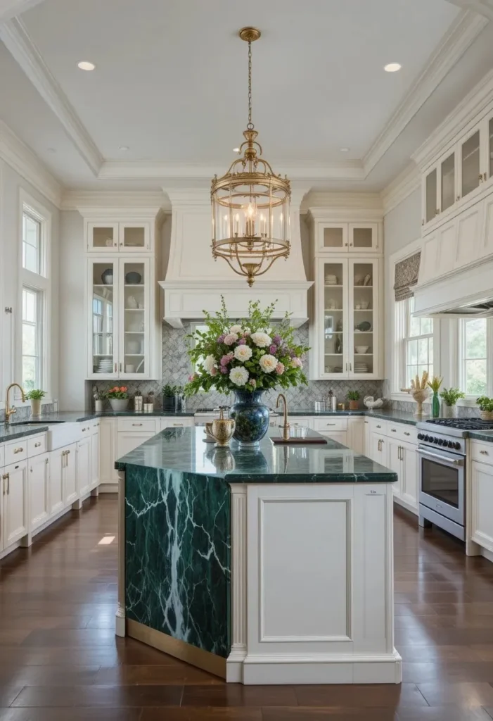 Elegant kitchen showcasing a bold emerald green waterfall island with brass details.