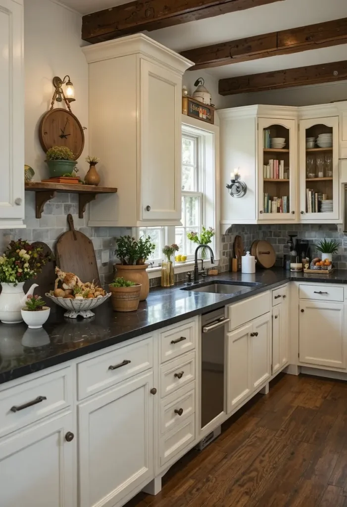 Farmhouse kitchen featuring black soapstone countertops and white cabinets.