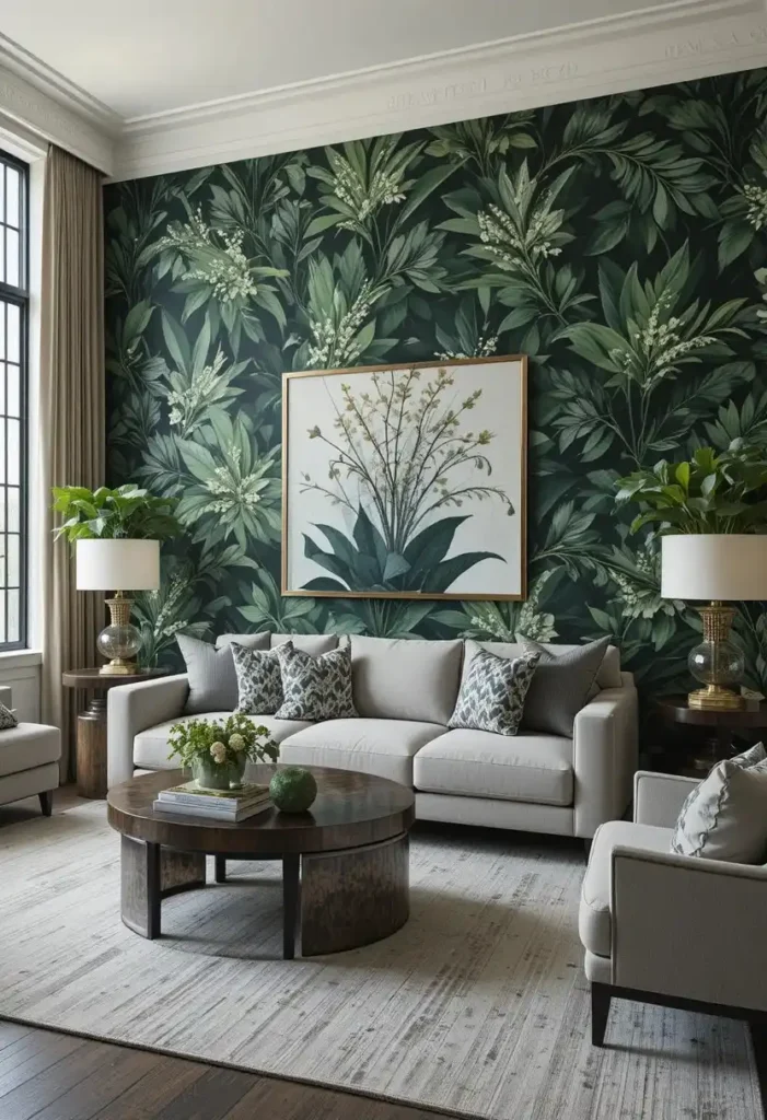 Living room feature wall with bold botanical wallpaper