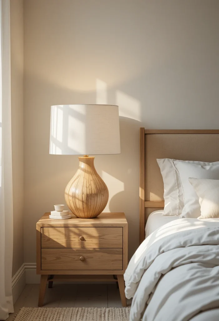 Linen drum shade bedside lamp in Scandinavian bedroom.