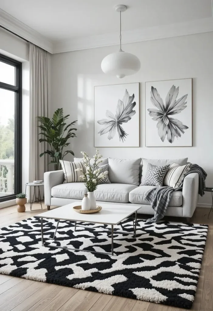 Minimalist living room with a bold black-and-white geometric area rug.