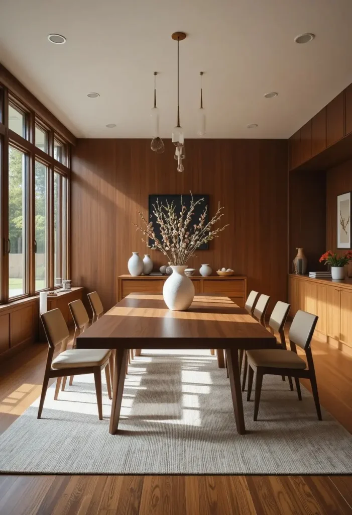Mid century modern dining room featuring a beautiful walnut dining table with tapered legs.