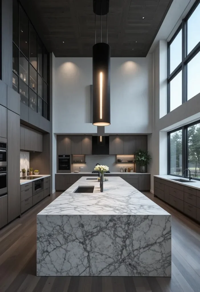 Modern kitchen with a long linear pendant light centered above a large island.