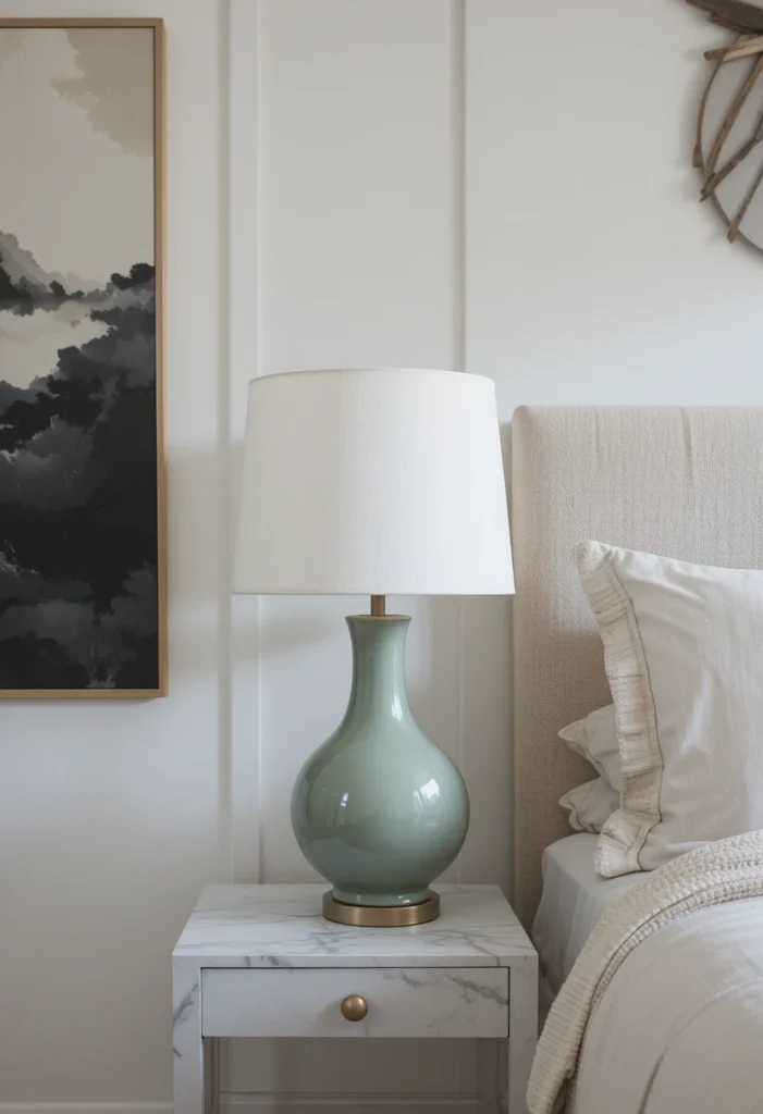 Sculptural ceramic lamp used as bedside art piece.